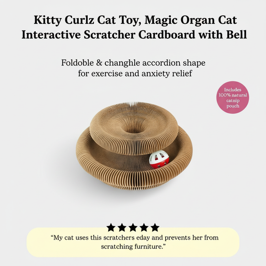 Kitty Curlz Cat Toy, Magic Organ Cat Interactive Scratcher Cardboard with Bell Ball, Foldable & Changeable Accordion Shape Exercise Anxiety Relief Toy for Indoor Cats(1PCS)